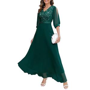 Wedtrend Dark Green Women's Sequin Cocktail Dress 3/4 Sleeve Wedding Guest Dress Sparkly Floor Length Fromal Dress Bridesmaid Dress WT0317DarkGreen L