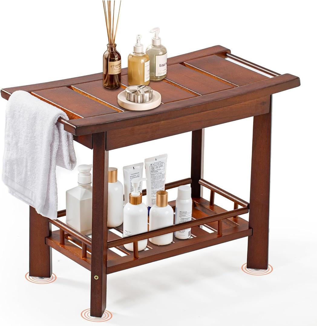 21" Teak Shower Bench for Inside  Luxury Spa-Style Comfort, FSC Certified Durable Teak Wood, Water-Resistant, Ergonomic Seat, Anti-Skid Stability and Enclosed Storage Shelf, 350 lbs Capacity