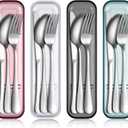 Yinkin 4 Pack Portable Travel Utensils Set with Case Reusable Stainless Steel Silverware Flatware Camping Cutlery Include Fork Spoon Knife for Work School Dishwasher Safe(White, Green, Red, Black)