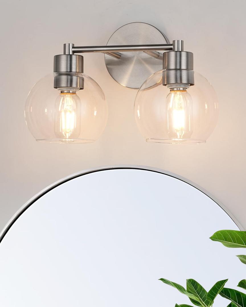 WILON 2-Light Bathroom Vanity Light, Brushed Nickel Vanity Lights for Bathroom, Modern Light Fixtures Over Mirror, Silver Sconces Wall Lamp for Living Room Bedroom Kitchen