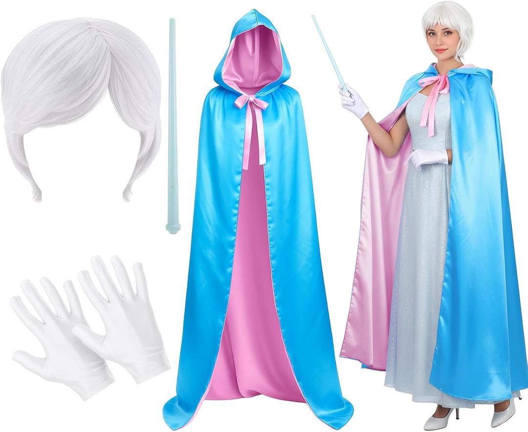 4 Pcs Adult Fairy Cosplay Princess Costume with Hooded Cloak Cape Wig Lighted Magic Wand Gloves Dress Up Party