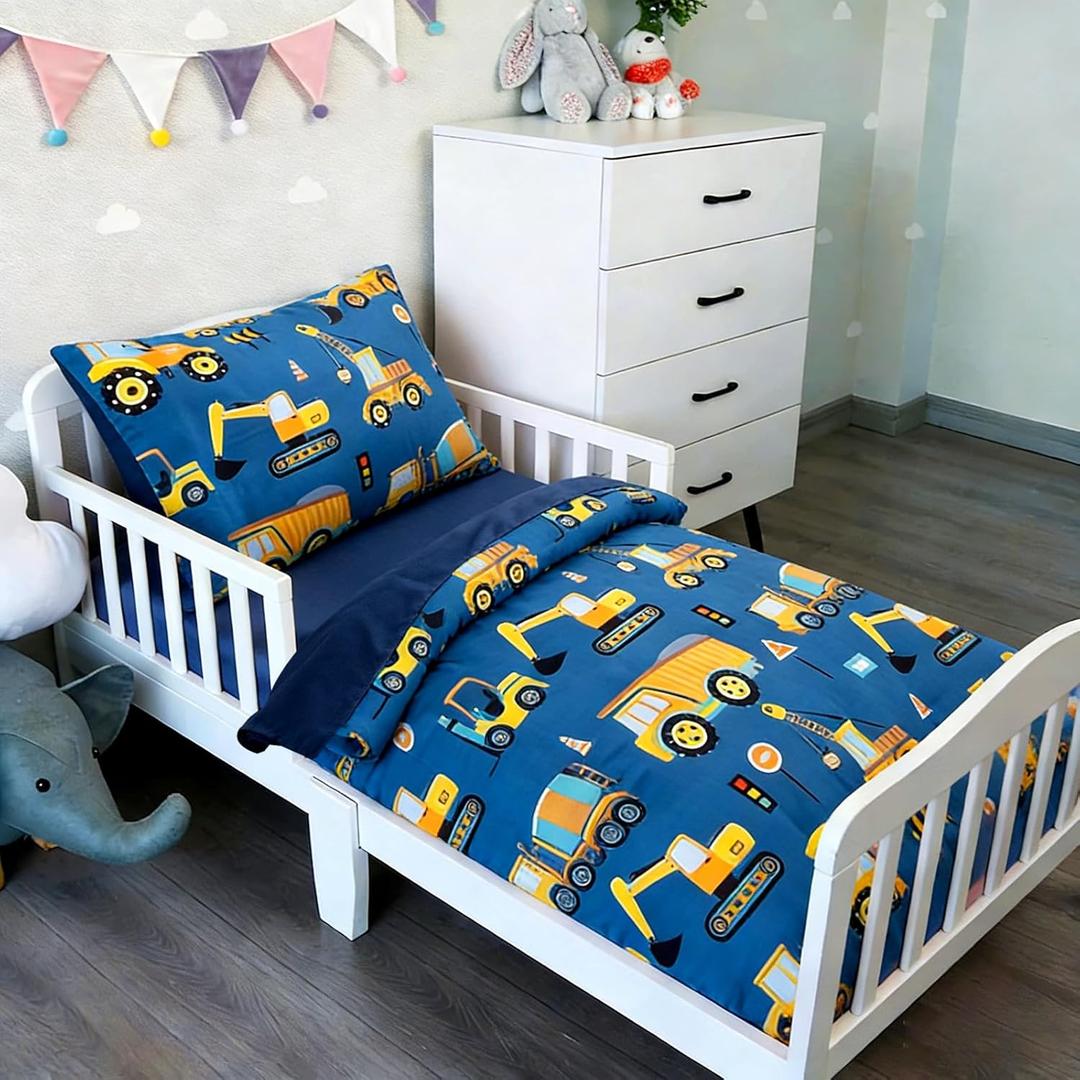 NTBED 4 Pieces Traffic Construction Toddler Bedding Set for Baby Boys,Truck Vehicles Excavator Cars Printed, Includes Comforter, Flat Sheet, Fitted Sheet and Pillowcase, Navy Blue