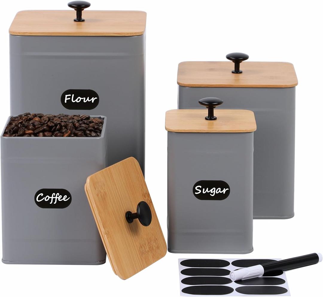 PERFNIQUE Kitchen Canisters, Canister Sets for Kitchen Counter, Farmhouse Kitchen Canisters for Countertop Set of 4, Coffee Tea Sugar Flour Spice Tin Jars Food Storage Container with Lid(Grey)