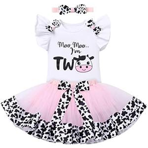 IBTOM CASTLE Cake Smash Outfit Baby Girls 1st Birthday Cows Farm Princess Romper+Tutu Skirt+Headband Clothes Set Photo Props No Size