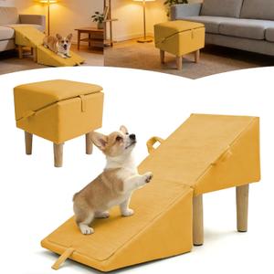 Split Ottoman Dog Ramp for Couch and Low Bed, 2-in-1 Foldable Dog Stairs for Small Dogs and Cats, Wooden Pet Ramp with Non-Slip Surface, Portable Step Stool Design, Orange