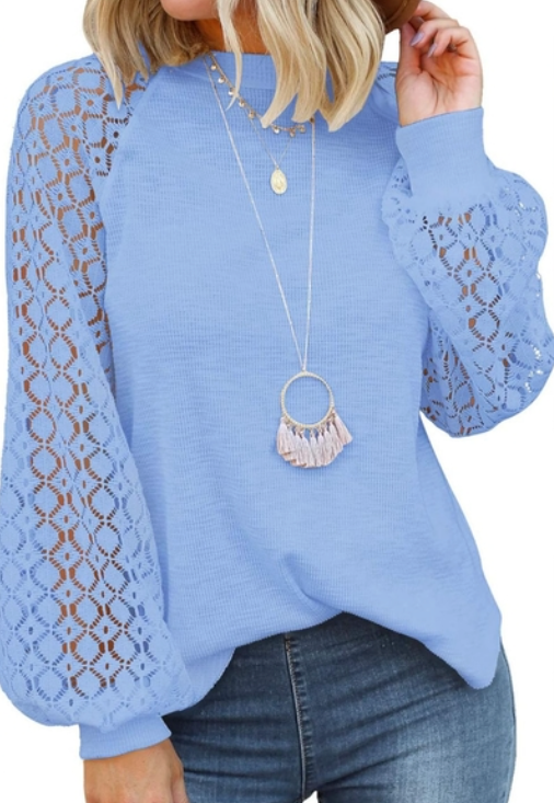 NWT Miholl Womens Blue Waffle Knit Lace Long Sleeves Pullover, Size M