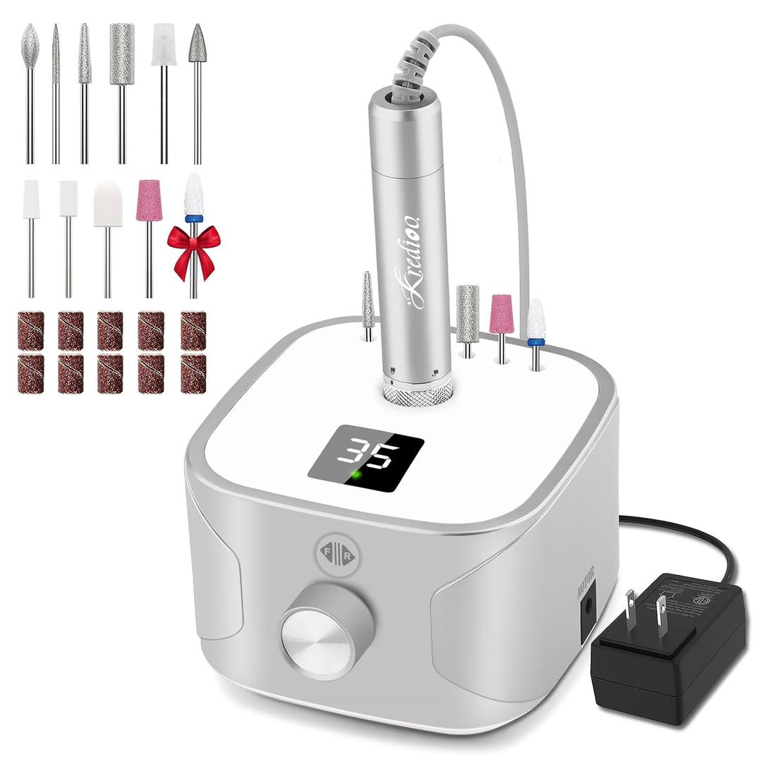 Kredioo Electric Nail Drill Professional for Salon Use 35000RPM Efile File Kit for Gel Nails Polish Remover with 11 Bits and Sanding Bands Build-in Bit Holder -Silver