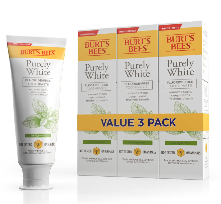 Burt's Bees Toothpaste, Natural Flavor, FluorideFree, Purely White, Zen Peppermint, 4.7 oz, Pack of 3