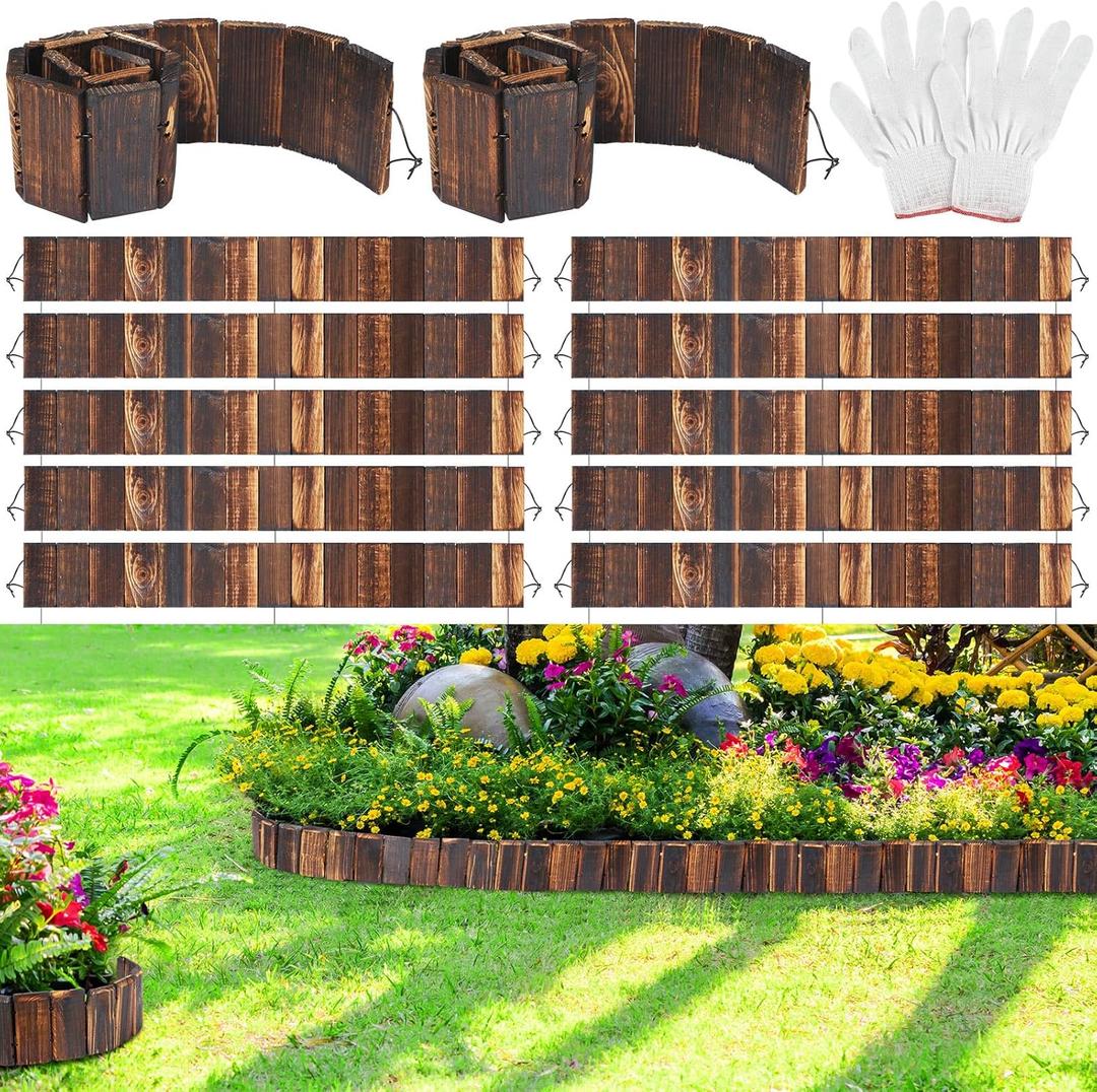 Suzile 12 Pcs Wooden Garden Edging Border 4 x 30 Inch Wood Landscape Edging with Gloves 10ft Flexible Bed Grass Weed Barrier for Decorative Lawn Yard Patio Driveway Pathway Tree Fences