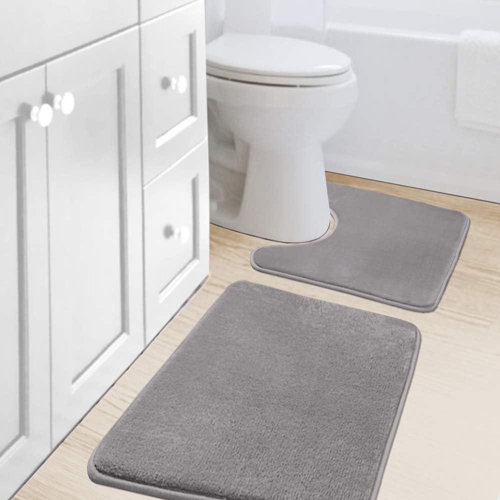 H.VERSAILTEX Bath Mat Memory Foam Set Bathroom Rug Set Flannel Velvety Bath Mat Luxury Extra Soft and Absorbent Non Slip Rugs for Bathroom/Bedroom Washable (Curved Set 20"x 32" Plus 20"x 20"U, Grey)