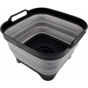 SAMMART 10L (2.64 Gallon) Collapsible Dishpan with Draining Plug - Foldable Washing Basin - Portable Dish Washing Tub - Space Saving Kitchen Storage Tray (Black/ Alloy Grey)