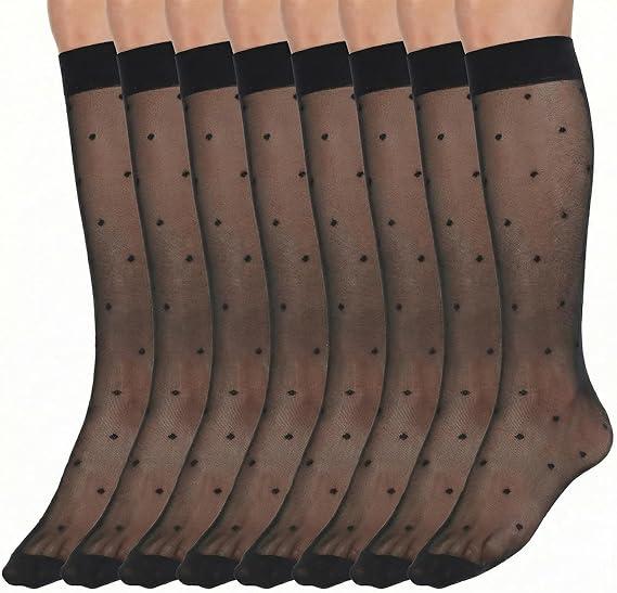 4 Pairs Women's Sheer Knee High Stockings, Black Dots Sheer Thin Sock Black Polka Dot Sock Sheers Tube Stockings with Anti-slip Dots Design Stretchy Breathable for Women