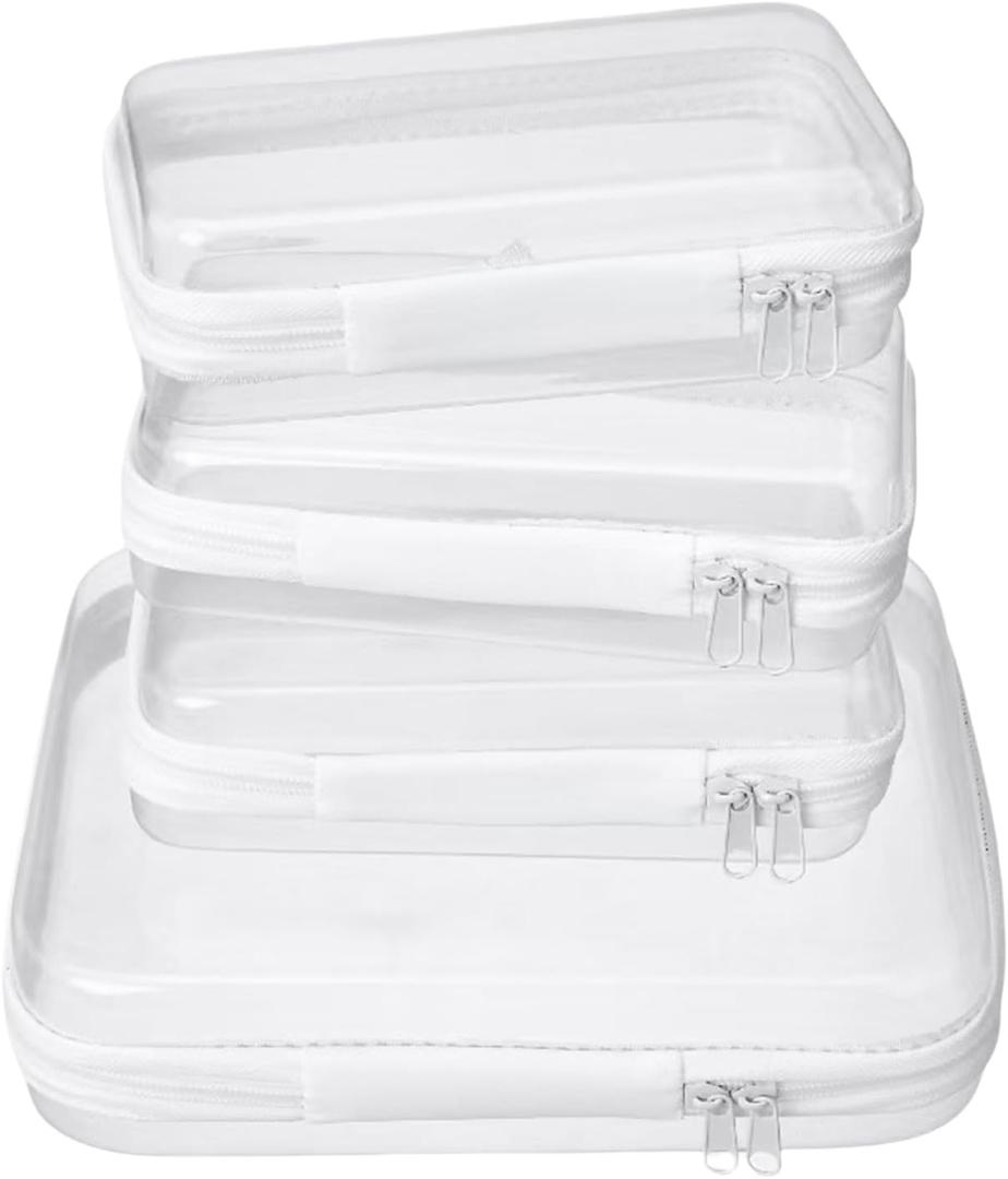 4 Pcs Clear Hard Shell Zipper Case for Storage  Stackable Waterproof Zipper Pouches Hard Shell for Diaper, Travel, Toiletries, Snack Bag, Cables, Makeup (M + 3XS) (White)