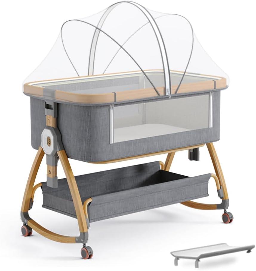Bedside Bassinet for Baby,Bassinet Bedside Sleeper,Rocking Bassinet,4 in 1 Portable Bedside Crib with Mattress,Mobile,Storage,Mosquito Net,6-Height Adjustable Baby Bassinet with Wheels for Newborn