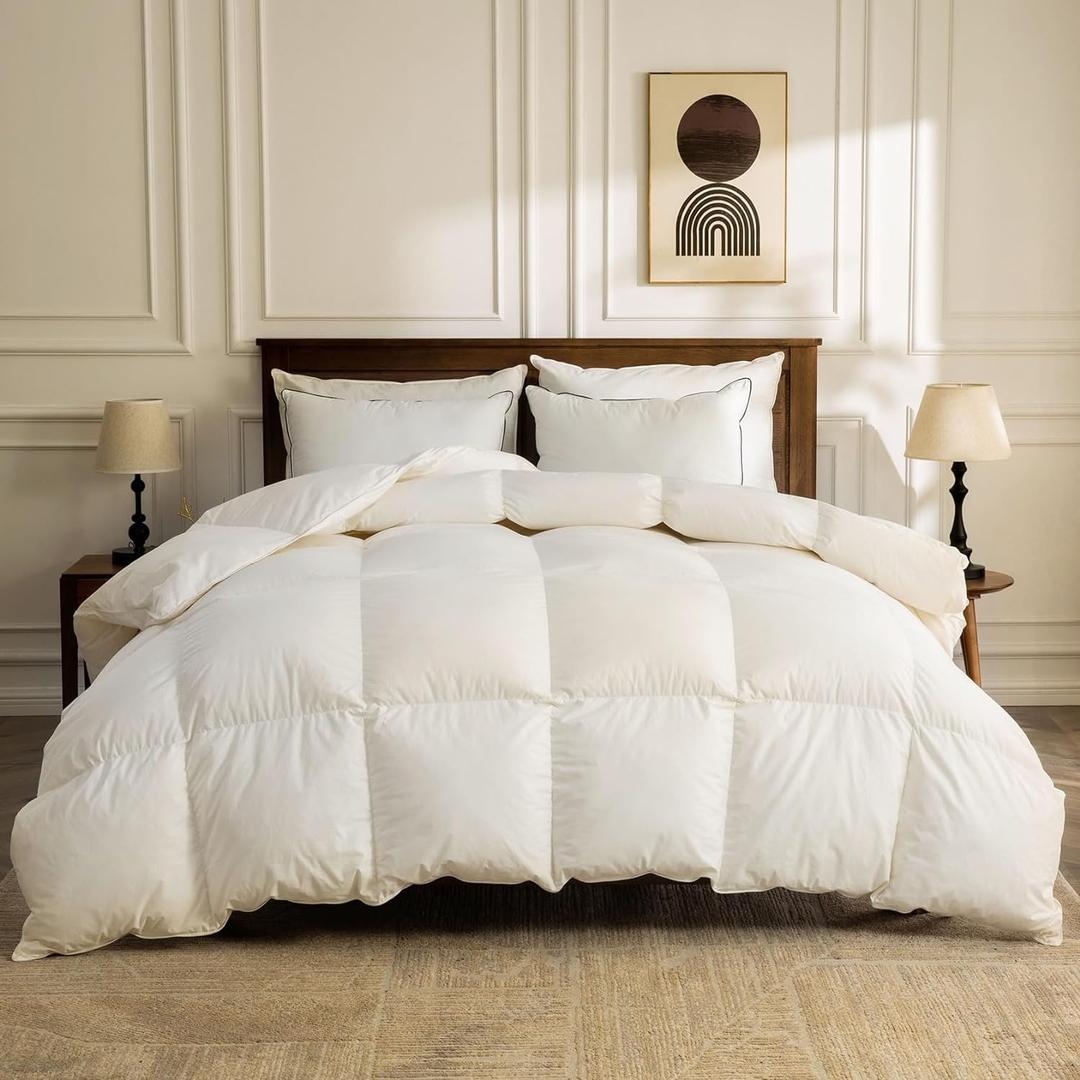 BPC Heavyweight Organic Feather Down Comforter Oversized King, Hotel-Luxury Extra Fluffy Duvet Insert with Cotton Cover and Puffy Feather Down Filling for Winter, Ivory White, 120x98 Inches