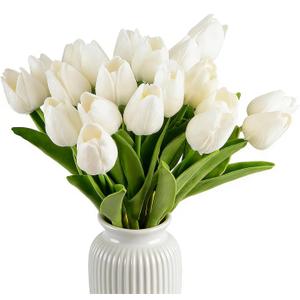Artificial Tulips Bridal Wedding Festival Decor Bouquet Real Touch PU Flower Bouquet Pack of 20 (White)