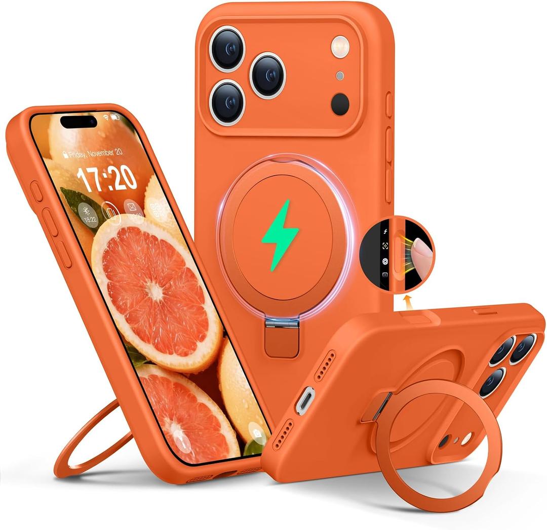Liquid Silicone Case for iPhone 17 pro with Magnetic Ring Stand, Upgraded Camera Lens tection Mil-Grade Drop Shockof Soft Anti-Scratch Microfiber Lining(Orange)