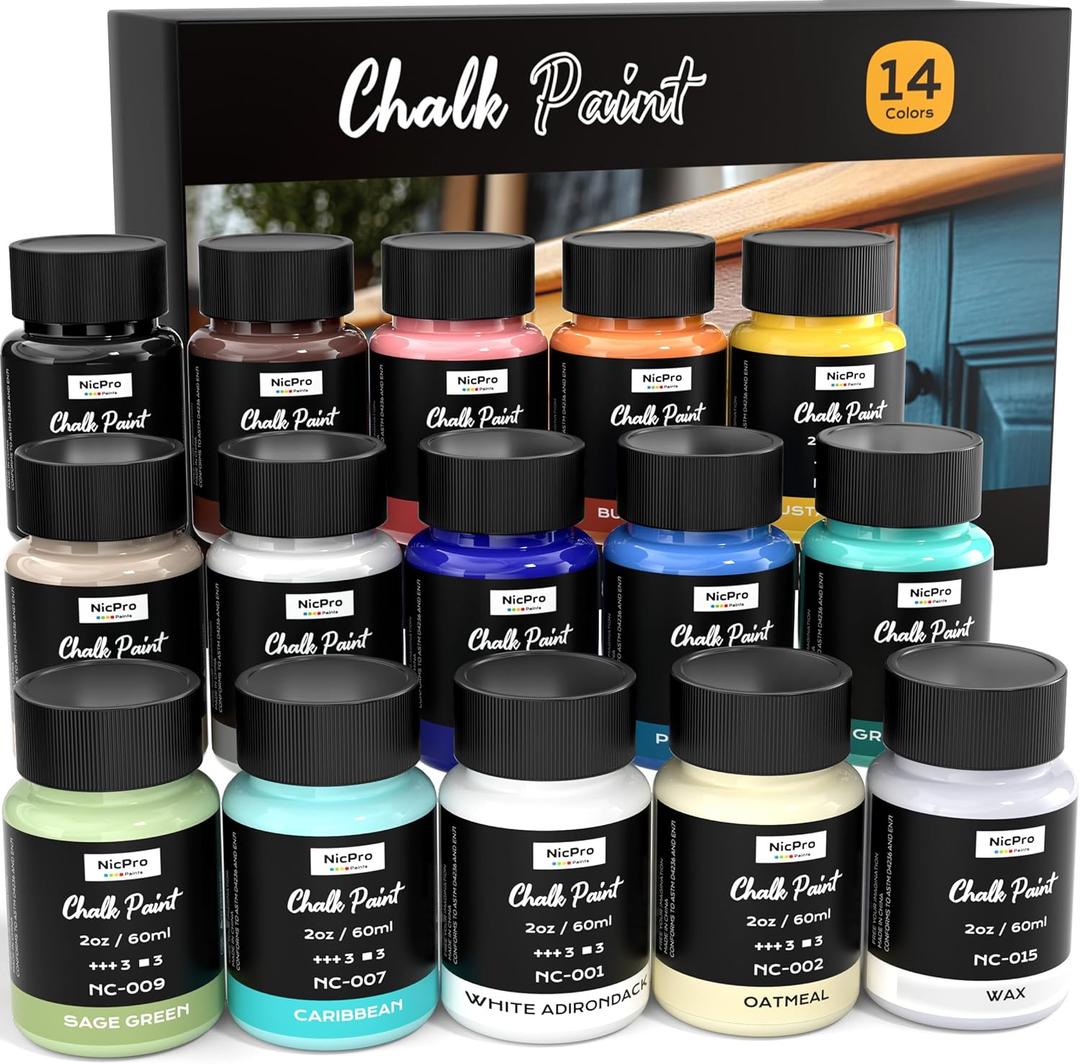 Nicpro 15 Colors Chalk Paint for Furniture, 2 fl oz (60ml) Ultra Matte Finish Acrylic Craft Paint, Non-Toxic Chalk Furniture Paints for Wood, Metal, Cabinets, Home Decor with Liquid Wax, Color Wheel