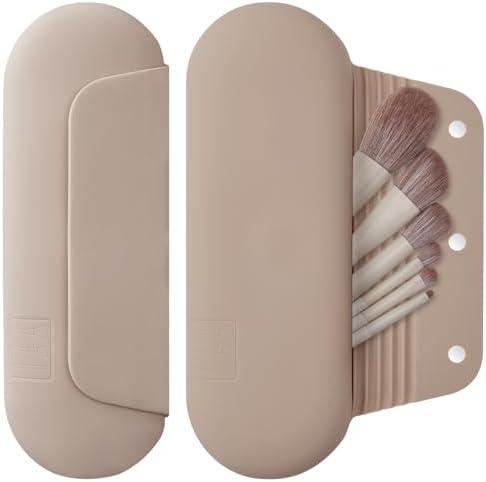AGIKET Silicone Makeup Brush Holder Travel Cosmetic Bag：Soft Portable Cosmetic Face Brushes Holder with Upgrade Anti-Fall Out Magnetic Closure, Large Travel Makeup Brush Case - Walnut