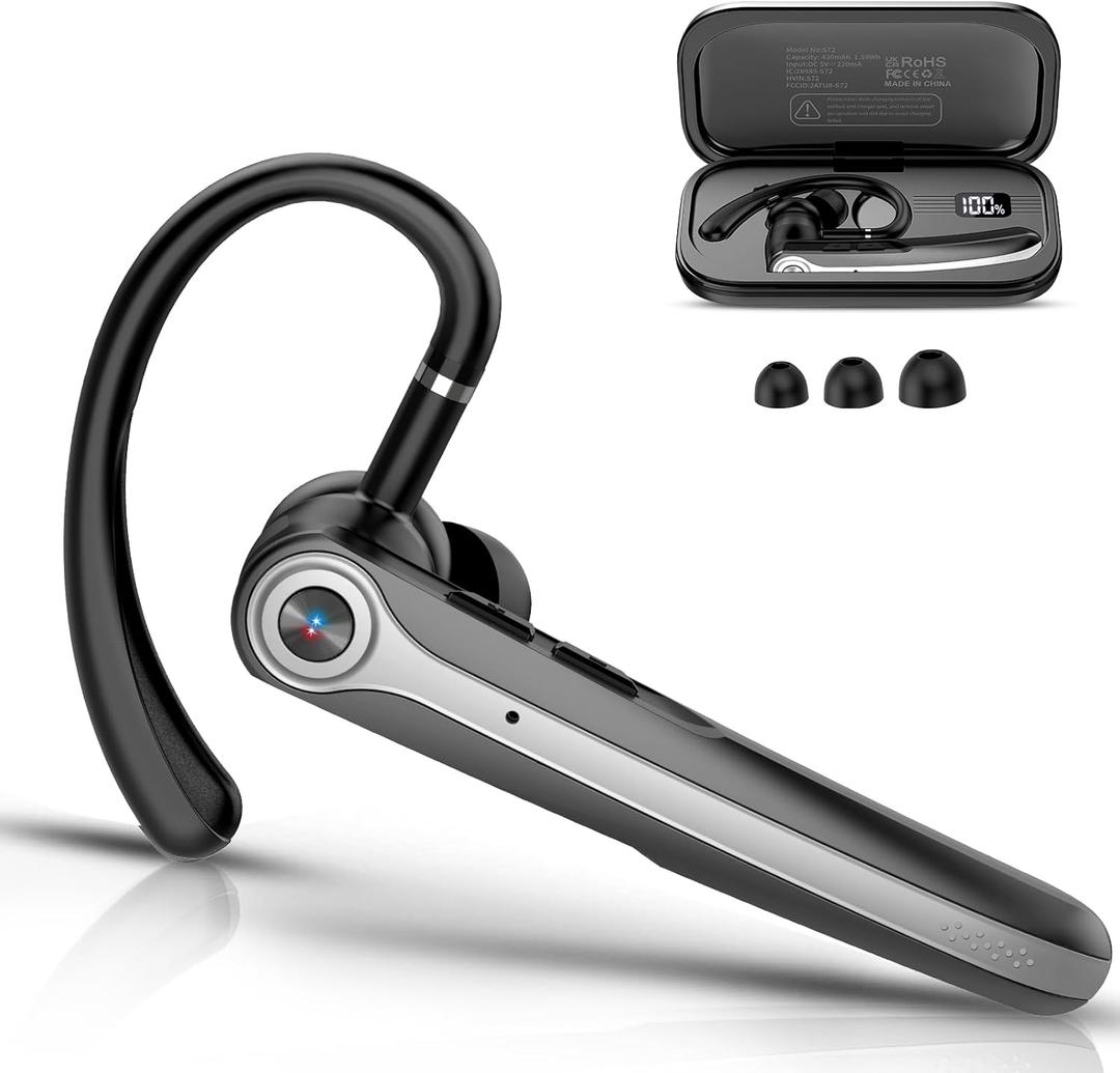 Bluetooth Headset, Wireless Bluetooth Earpiece with ENC Noise Canceling Mic, 120Hrs Talk Single-Ear Headphones, LED Display, IPX7, V5.4 Hand-Free Earphone for Business/Trucker/Driver, Black