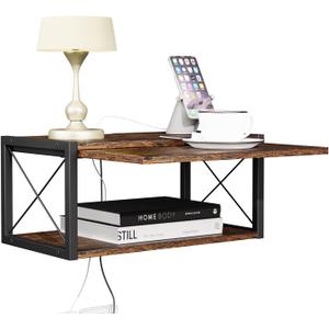 2-Tier Floating Nightstand, Wall Mounted Bedside Table, Wood Bedside Shelf Wall Mounted Nightstand, Floating Bedside Table Wall Shelf for Bedroom, Living Room, Kitchen, Office, Rustic Brown