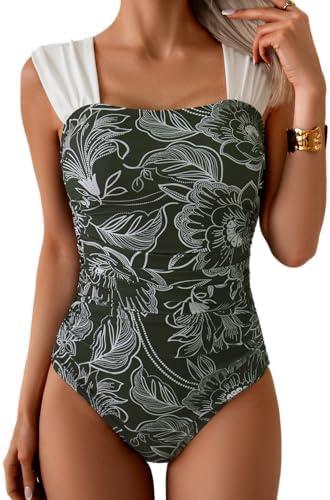 B2prity Womens One Piece Swimsuit Retro Square Neck Tummy Control Bathing Suits Ruched Modest Full Coverage Swimwear Size M