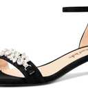 DearOnly Womens Low Kitten Heel Peep Open Toe Ankle Strap Sandals Rhinestone Crystal Buckle Office Summer Dress 1.4 Inches Heels Black 12 M US