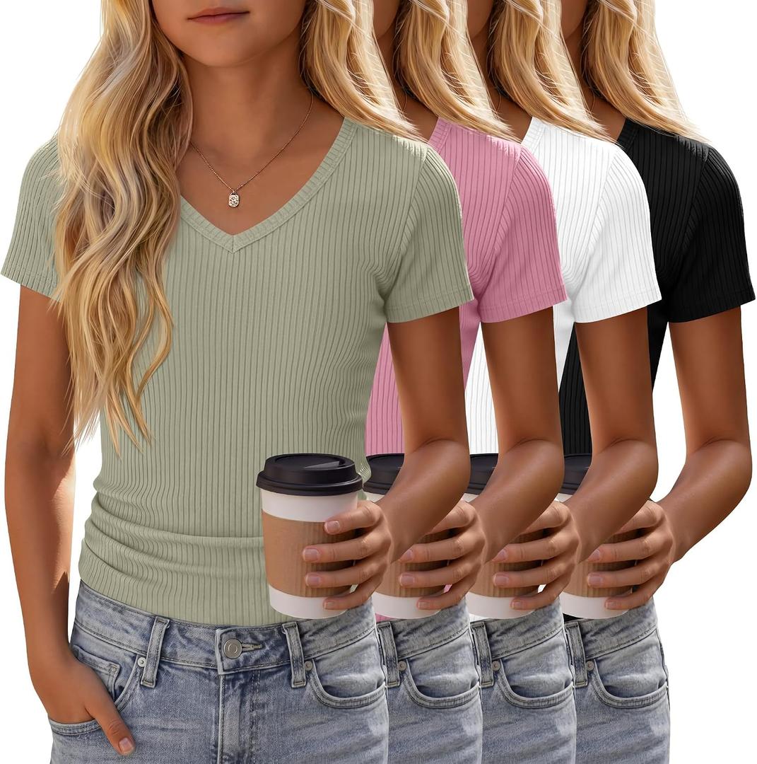 4 Pack Girls Short Sleeve Shirts Ribbed V Neck Tops Fitted Kids Soft Basic Tees Summer