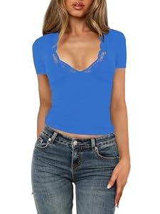 Spring Tops for Women Y2K Short Sleeve Lace Trim V-Neck Slim Fit Basic Royal Blue Tees Summer Casual Vacation Party Going Out Crop Tops Sexy Trendy Clothing (8638, M, Royal Blue)