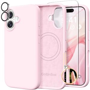 GolbinBox Magnetic for iPhone 17 Case, Compatible with MagSafe, Screen Protector + Camera Lens Protector, Liquid Silicone Shockproof Phone Cover with Anti-Scratch Microfiber Lining, Chalk Pink