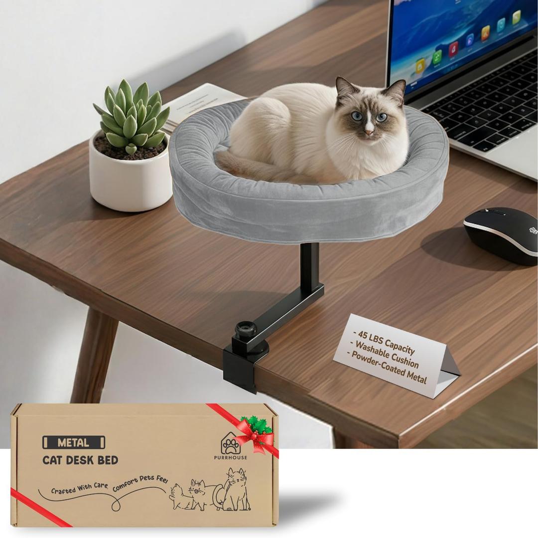PURRHOUSE Up to 45LBS Cat Desk Bed - 360° Rotation & Adjustable Height, Pet Perch for Desks with Washable Cushion, Desk Cat Bed Attachment for Various Tables, Gray Cushion