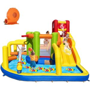 Umbalir Inflatable Obstacle Bounce House, Kids Bounce House Water Park with Water Slides, Surprise Dump Bucket, Obstacles,Jumping, Tunnels, Climbing,Water Cannon, and Ball Shooting Frame, 11' x 11.17' x 7.25'