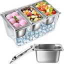 3 Compartments Ice Chilled Condiment Caddy, 30.5 oz Salad Bar Containers Stainless Steel Serving Dish with Lids for Bar, Hummus, Fruit, Salad, Ice Cream Topping, Sauces, Party Supply