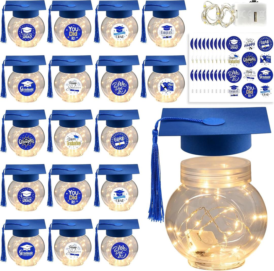 24 Pcs 2026 Graduation Jars with LED Lights & Stickers, Grad Cap Container with Tassels, Class of 2026 Grad Party Favors DIY Table Decor Gifts (Blue)