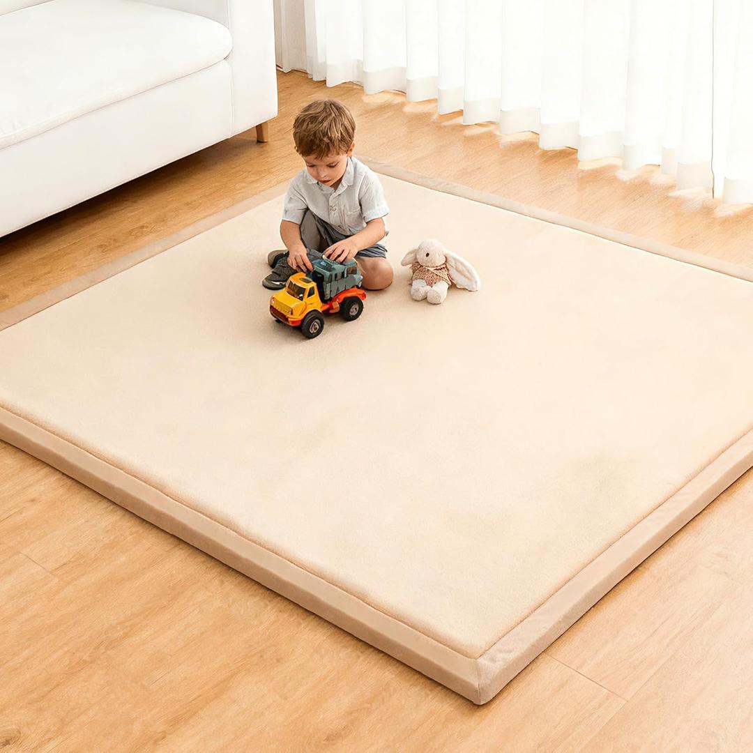 Baby Play Mat for Floor,1.3" Thick Elasti-Foam Playpen Mat for Tummy Time, Easy Care with Non-Slip Cushioned for Infant,Kids and Toddler Crawling (Brown), Size 65x55 inches