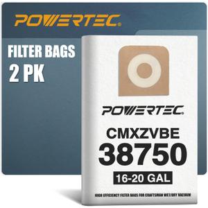 POWERTEC CMXZVBE38750 Vacuum Bags for Craftsman 38750 2PK, for Craftsman CMXEVBE 17595, 17607, 18595, 18695, 17596, 17656, 16 to 20 Gallon Replacement Dust Collection Bags, Shop Vacuum Bags (75069)