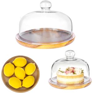 8 Inch Wooden Base Cake Display Stand with Glass Dome, Cloche Clear Glass Bell Jar Cover for Dessert Cheese Candy Plants Succulents