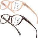 2 PCS Distinctive Progressive Multifocus Reading Glasses Women, Retro Anti Blue Light/Eye Fatigue/UV Computer Readers, Vintage Lady No-Line Multifocal Eyeglasses (Brown&Light Apricot, 3.0x)