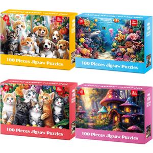 4 Packs 100 Piece Puzzles for Kids Ages 4-6 6-8 8-10, Cats Dogs Sea World Mushroom Large Piece Puzzle for Seniors 100 Pieces Adults Jigsaw Puzzle Learning Educational Xmas Toys for Boys and Girls