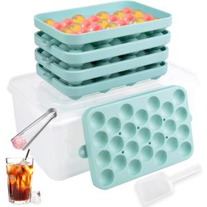 ChezMax Ice Cube Tray with Lid and Bin, 100 Pcs Silicone Round Ice Tray for Freezer, Easy Release Sphere Ice Ball Maker Circle Ice Molds for Chilling Whiskey Cocktails(4 Trays+ Container+ Scoop+ Tong)