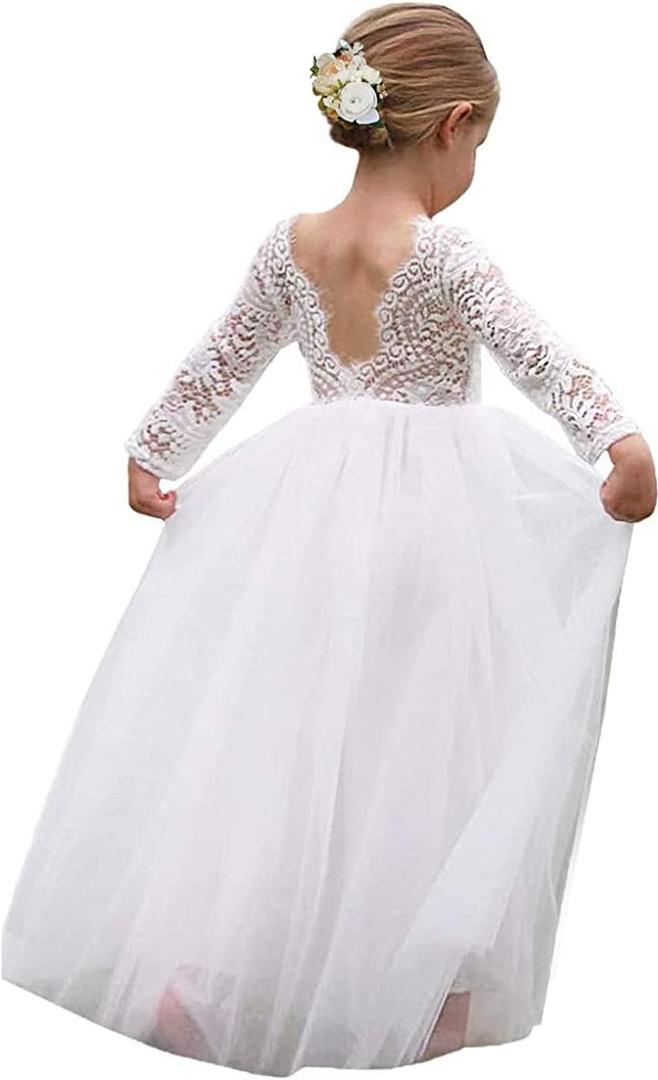 Topmaker Flower Girl Dress for Toddler Baby Girls,Lace Tulle Dress for Wedding,Birthday Party,Photoshoot,Special Occasion (3-4T, #0 Sleeve-white)