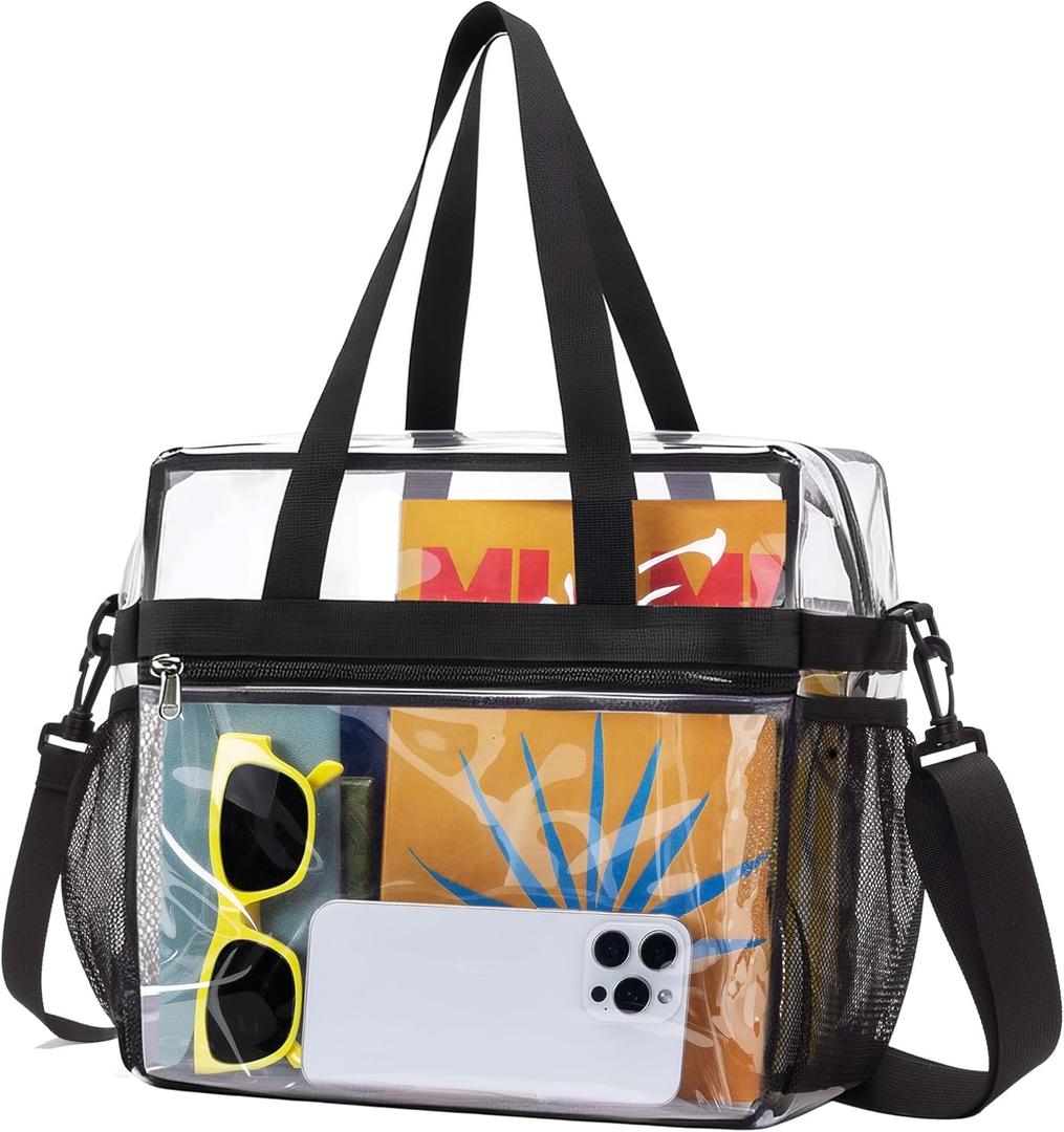 Lyingflat Clear Bag for Stadium Events Founctional 12x6x12 Stadium Approved Clear Tote Bag with Adjustable & Detachable Strap (Black)