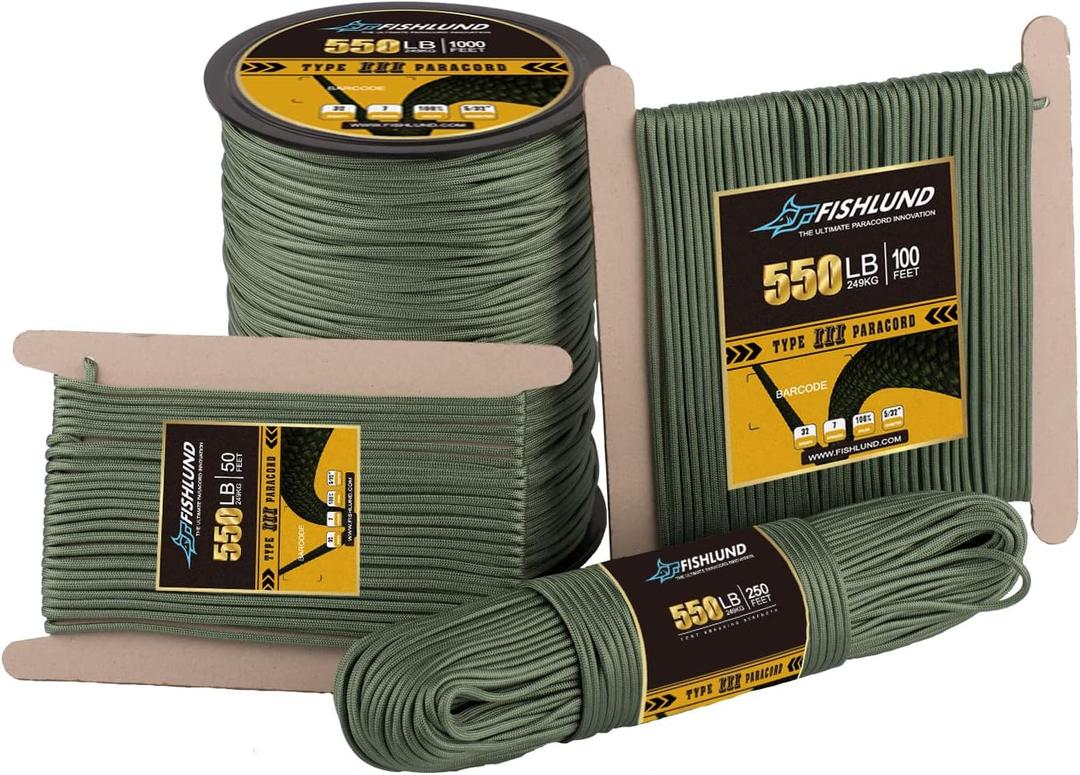 FISHLUND Paracord 550 lb, 7 Strand Type III Paracord Rope 1000ft 4mm, High Strength Nylon Parachute Cord for Camping, Survival, Tactical and Hiking, Olive Green