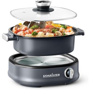 Stariver 3L NonStick Hot Pot Electric with DualPower Control,Electric Shabu Shabu Pot with Removable Pot, Electric Pot with Tempered Glass Lid for Party, Family Gathering（Silver）