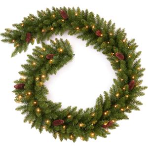 AMERZEST 9Ft Pre-Lit Christmas Garland, Plug in, Green, 50 Clear Lights, Fireplace Stairs Mantle Door Indoor Outdoor, Decorated with Pine Cones