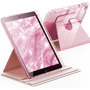 INFILAND Rotating Case for iPad 9th Generation (2021) / 8th Generation (2020) / 7th Generation (2019) 10.2 Inch 360 Rotating Cute Glitter Cover with Crystal Clear Back, Pencil Holder (Pink)