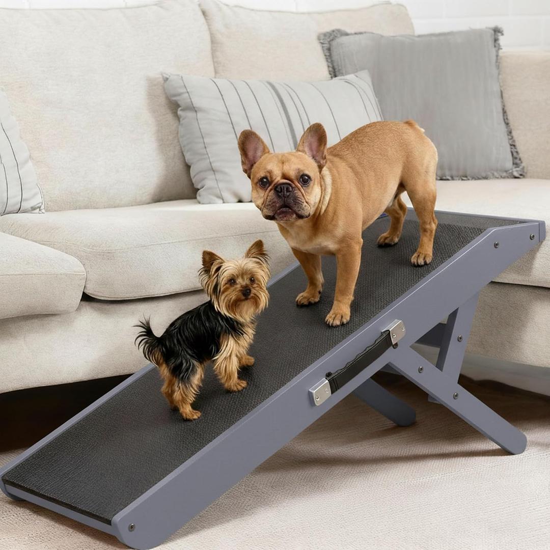 Dog Ramp for Couch Non-Slip, Sturdy Build Foldable Wooden Dog Ramp Supports up to 200 lbs 7 Adjustable Heights (14"20.5") Enhanced Stability Birchwood Pet Ramp for Small Dogs Gray