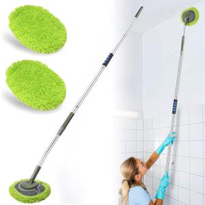 Wall Cleaner, Max 66'' Wall Mop with Long Handle, Ceiling Dust Mop with 15 Labor-Saving Elbow Extension Pole, Baseboard Duster Washer Scrubber, High Reach Window Cleaning Brush, Roof Cleaning Tool-GN (Green)