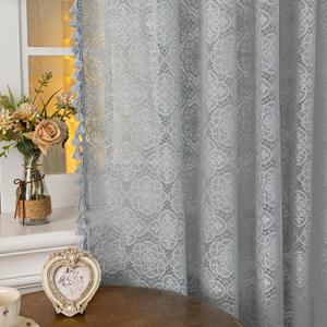 Boho Lace Curtains 84 Inches Long, Vintage Farmhouse Semi Sheer Curtain Panels with Tassel Trim for Living Room Bedroom, Light Filtering Rod Pocket Drapes, Stone Blue, 59W x 84L, Set of 2