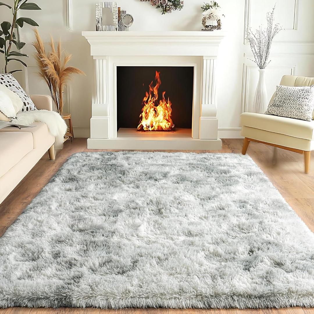 Fluffy Area Rug for Bedroom 4x6 Feet, Indoor Plush Carpet, Shag Soft Bedside Rug, Cute Comfy Furry Rug for Living Room Dorm Girls Boys Room Nursery Decor, Tie Dye Grey